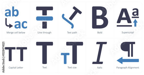 A set of 10 editing tools icons as merge cell below, line through, taxt path photo