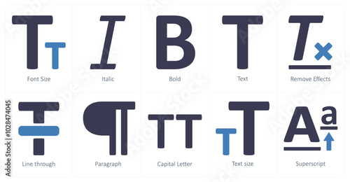 A set of 10 editing tools icons as font size, italic, bold