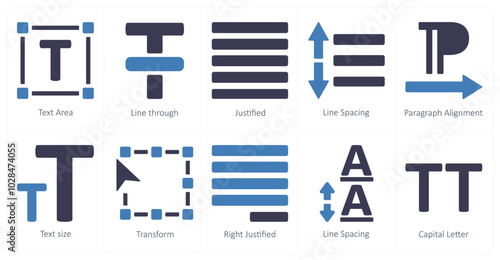 A set of 10 editing tools icons as text area, line through, justified