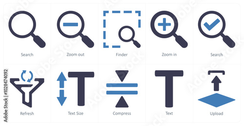 A set of 10 editing tools icons as search, zoom out, finder