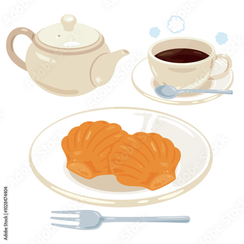 皿に盛られたマドレーヌとコーヒーセット