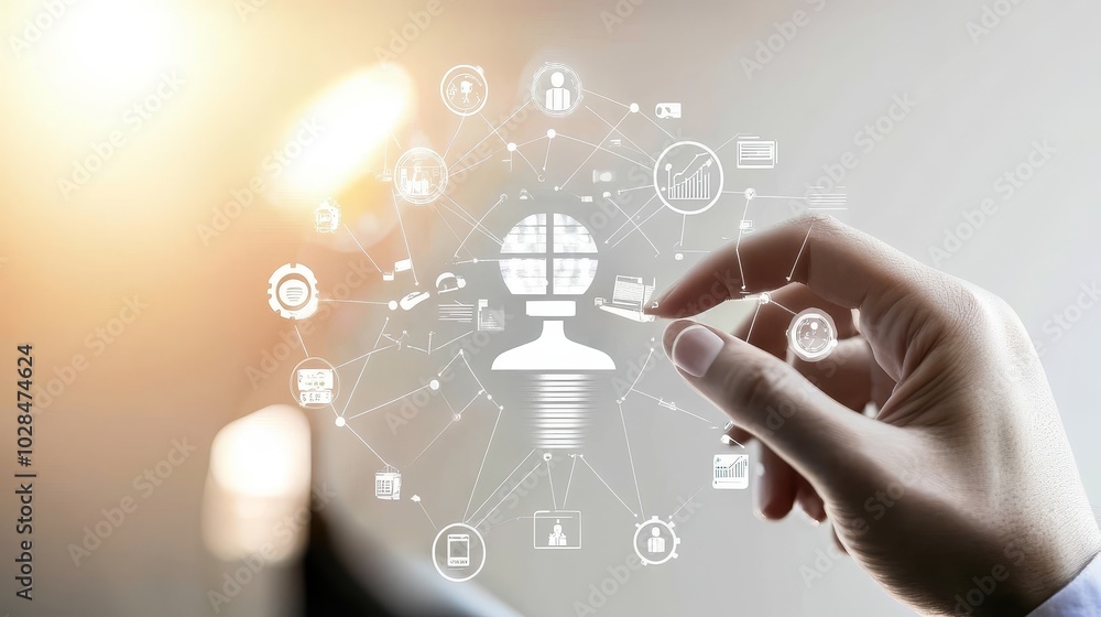 A hand interacting with a digital interface, showcasing modern technology and connectivity concepts in a creative environment. A hand interacting with a digital interface, showcasing modern technology and connectivity concepts in a creative environment.