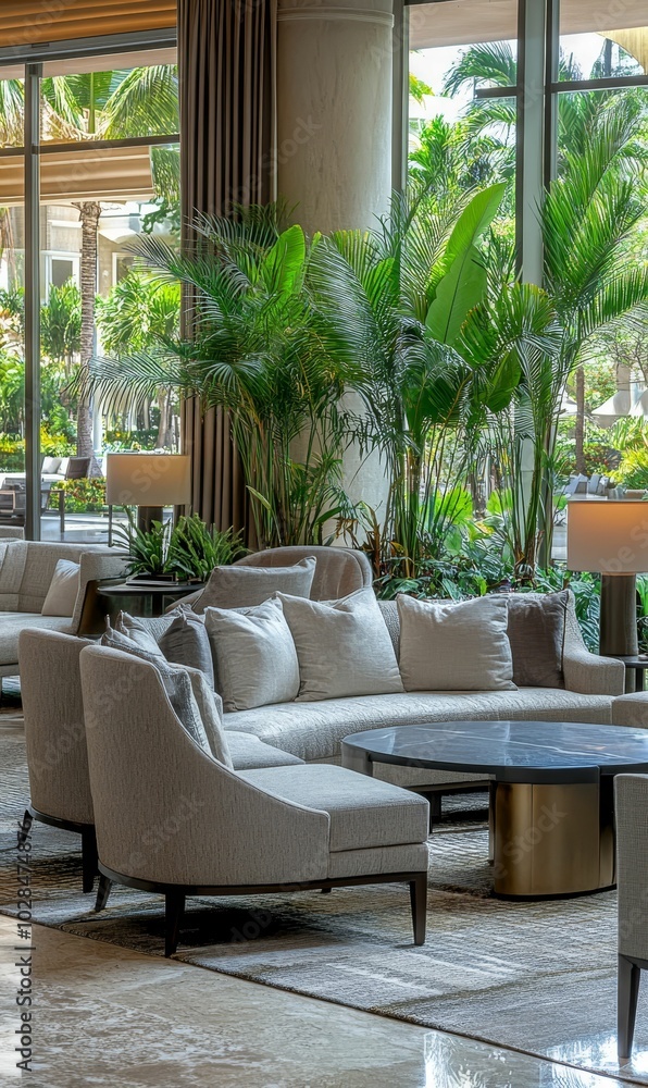 Fototapeta premium Luxury living room with tropical views.