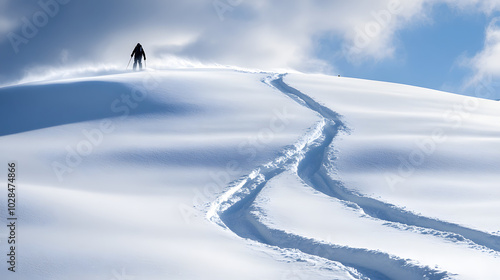 A skier making fresh tracks through deep powder in a pristine backcountry area with no other skiers in sight.