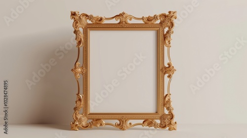 Finely detailed rococo gold frame mockup with sophisticated scrollwork regal. Luxurious photoframe template advertising image. Classic golden pictureframe mock up photorealistic photo