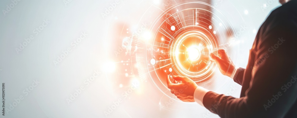 A businessman interacts with a digital interface, showcasing futuristic technology and innovation in a corporate environment. A businessman interacts with a digital interface, showcasing futuristic technology and innovation in a corporate environment.