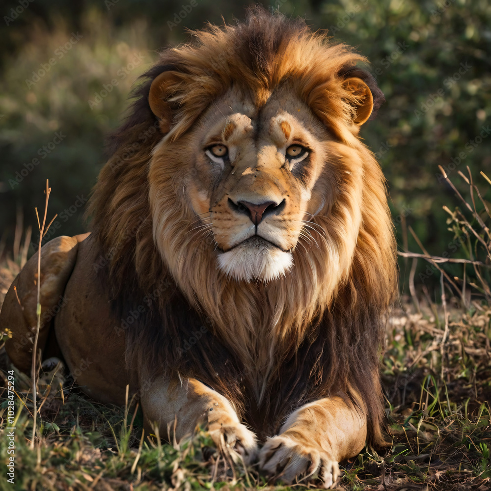 Strong male lion with confident, golden light, generative AI Strong male lion with confident, golden light, generative AI