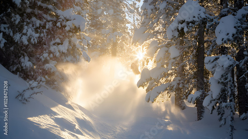 A skier performing a sharp turn through a forest trail with sunlight filtering through the snow-laden branches. photo