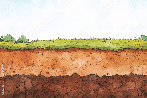 Watercolor illustration showing soil layers with grass and trees above depicting the natural landscape and earth's layers