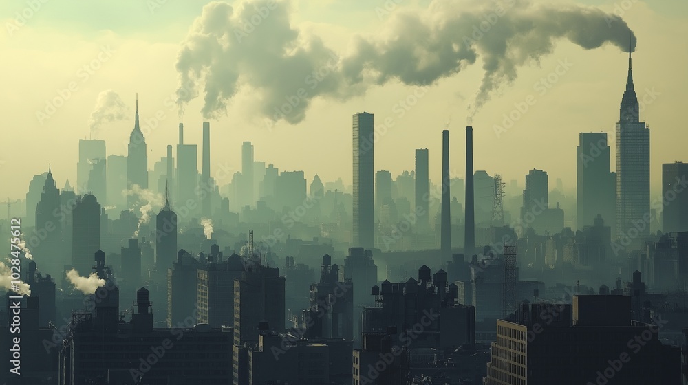 Fototapeta premium busy cityscape with skyscrapers and towering smokestacks.