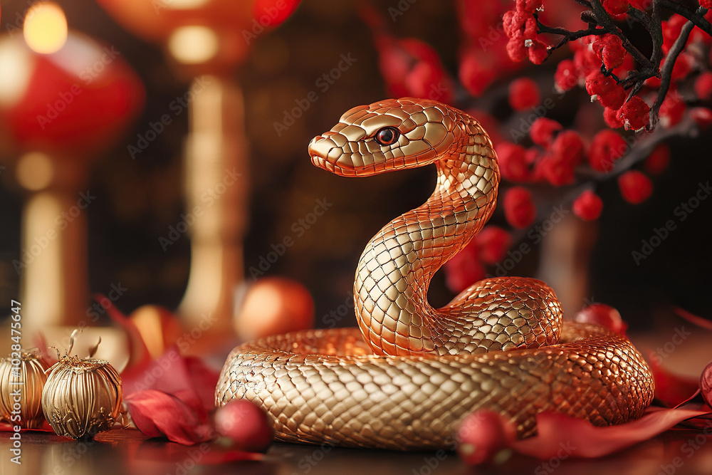 Chinese golden Snake on red background. Chinese new year 2025. Year of the snake Chinese golden Snake on red background. Chinese new year 2025. Year of the snake