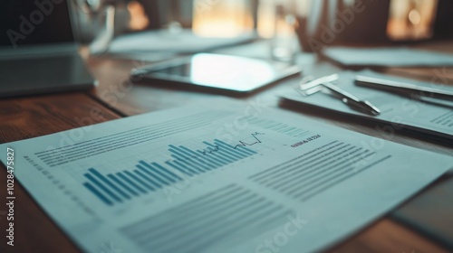 Business report featuring a graph on a table with office supplies.