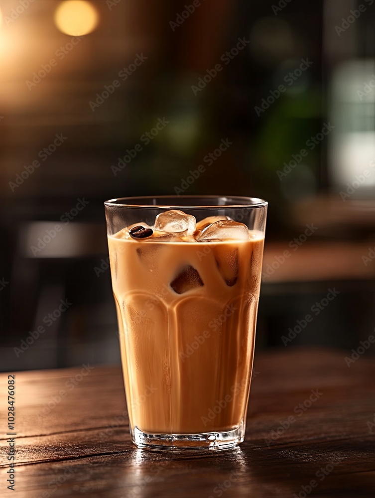 Refreshing iced coffee in a glass on a wooden table Refreshing iced coffee in a glass on a wooden table