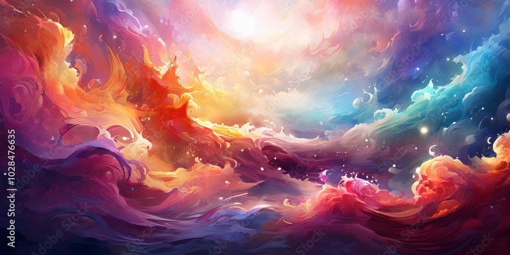 A colorful space scene with a bright sun in the background A colorful space scene with a bright sun in the background