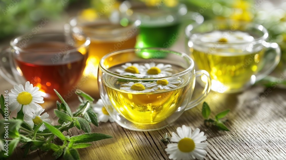 close-up of A collection of herbal teas like chamomile and green tea close-up of A collection of herbal teas like chamomile and green tea