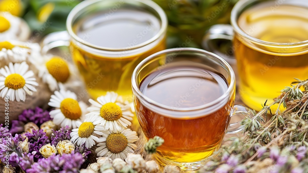close-up of A collection of herbal teas like chamomile and green tea close-up of A collection of herbal teas like chamomile and green tea