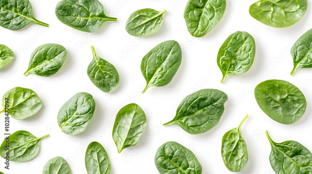 Fresh green healthy spinach on white background, top view. Fresh green healthy spinach on white background, top view.