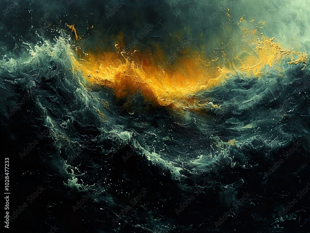 Fototapeta premium Abstract Ocean Painting: Dramatic Waves and Golden Light