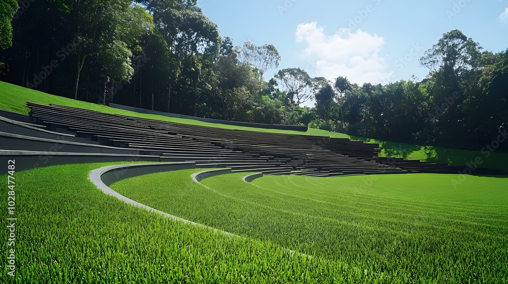 34. An empty amphitheater with soft grass covering the seating area 34. An empty amphitheater with soft grass covering the seating area