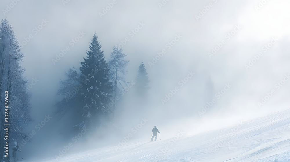 A skier navigating through dense fog with only the outlines of trees and the slope visible in the mist. A skier navigating through dense fog with only the outlines of trees and the slope visible in the mist.