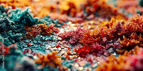 A colorful, abstract image of a field of flowers and plants