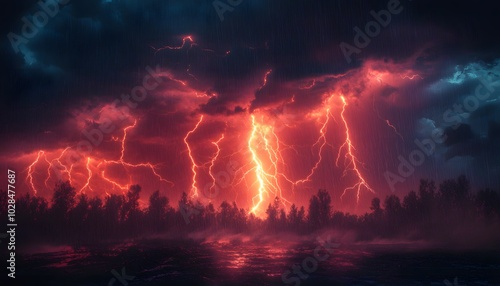 Thunderstorm with massive lightning bolts striking the ground amidst pouring rain photo