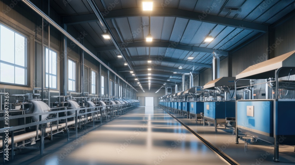Naklejka premium Industrial Factory Interior with Rows of Machinery and a Bright, Empty Corridor