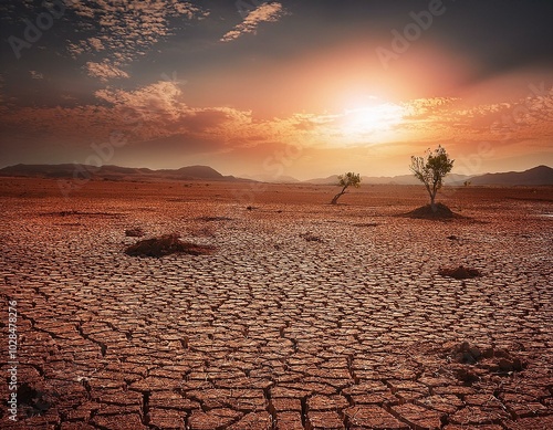 landscape in the desert, A water tap sits dry amid a cracked, barren landscape, highlighting water shortages and environmental problems associated with drought