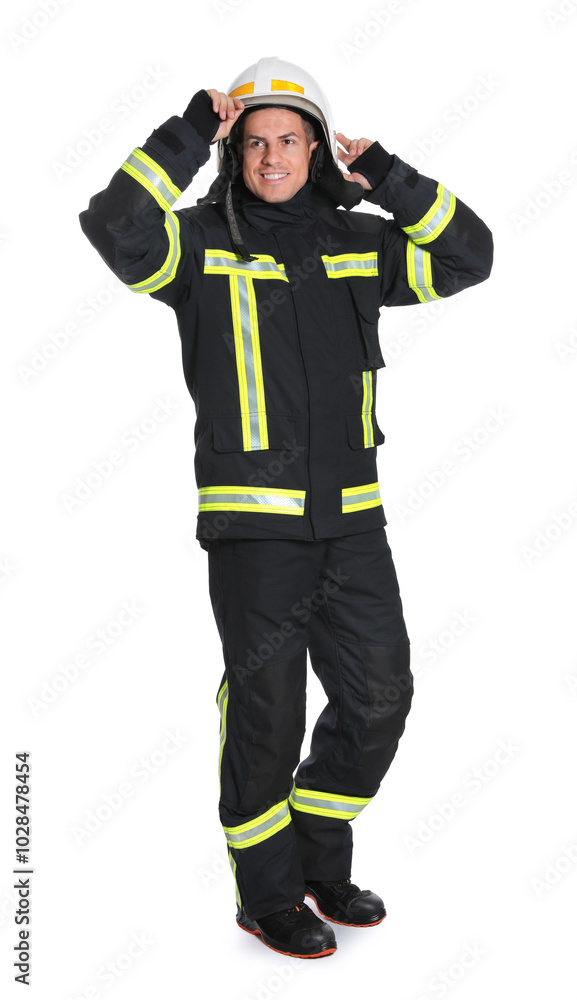 Full length portrait of firefighter in uniform wearing helmet on white background Full length portrait of firefighter in uniform wearing helmet on white background