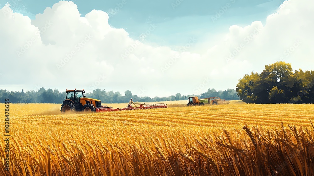 Fototapeta premium Tractors working in golden wheat field