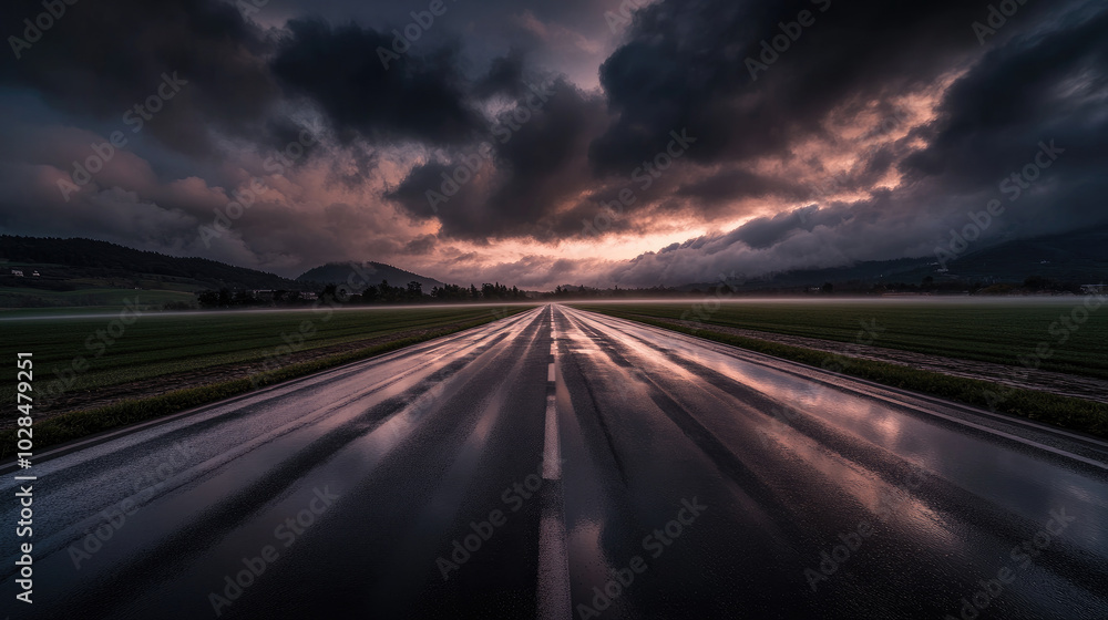 Wet Green Fields and Rain-Kissed Road Under Dark Clouds Wet Green Fields and Rain-Kissed Road Under Dark Clouds