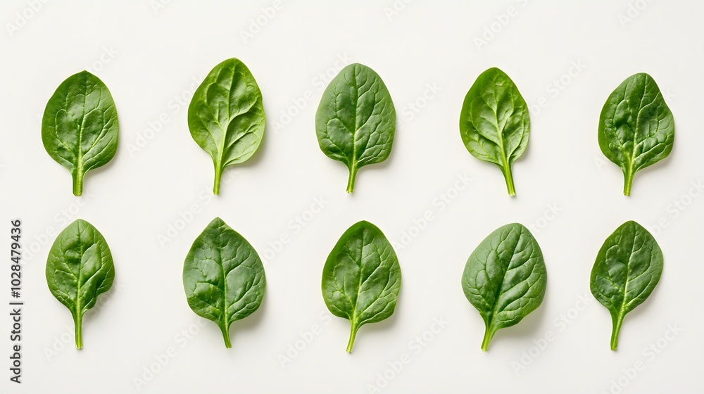 Fresh green healthy spinach on white background, top view. Fresh green healthy spinach on white background, top view.
