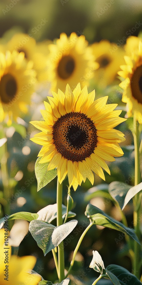 Obraz premium A vibrant sunflower stands tall amidst a field of blooming sunflowers, radiating warmth and cheerfulness.