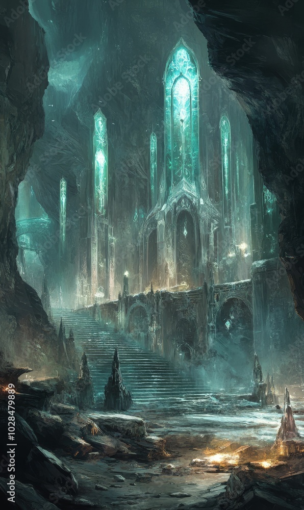Fototapeta premium A mystical cave with a glowing, ancient structure.