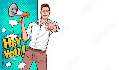 Business man with loudspeaker megaphone announcing discount or sale Special offer shopping time