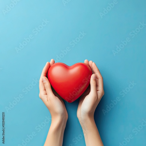 Red heart, hands holding heart, blue background, love care concept, Valentine theme, minimalist design