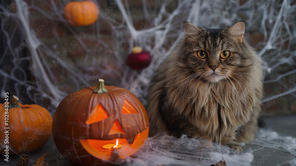 Festive Fluffy Cat in Halloween Costume Next to Carved Pumpkin with Glowing Candle, Amidst Cobwebs and Spooky Pumpkins with Shallow Depth of Field Festive Fluffy Cat in Halloween Costume Next to Carved Pumpkin with Glowing Candle, Amidst Cobwebs and Spooky Pumpkins with Shallow Depth of Field