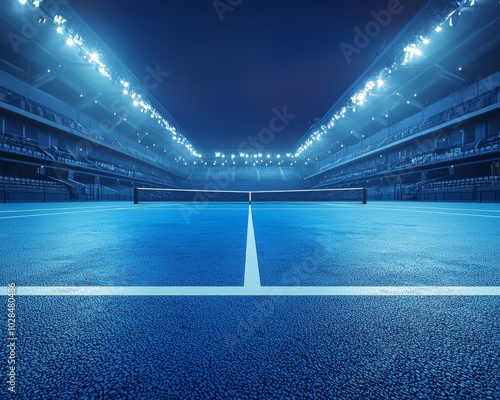 A dramatic view of a blue tennis court under bright stadium lights, creating an energetic nighttime atmosphere.