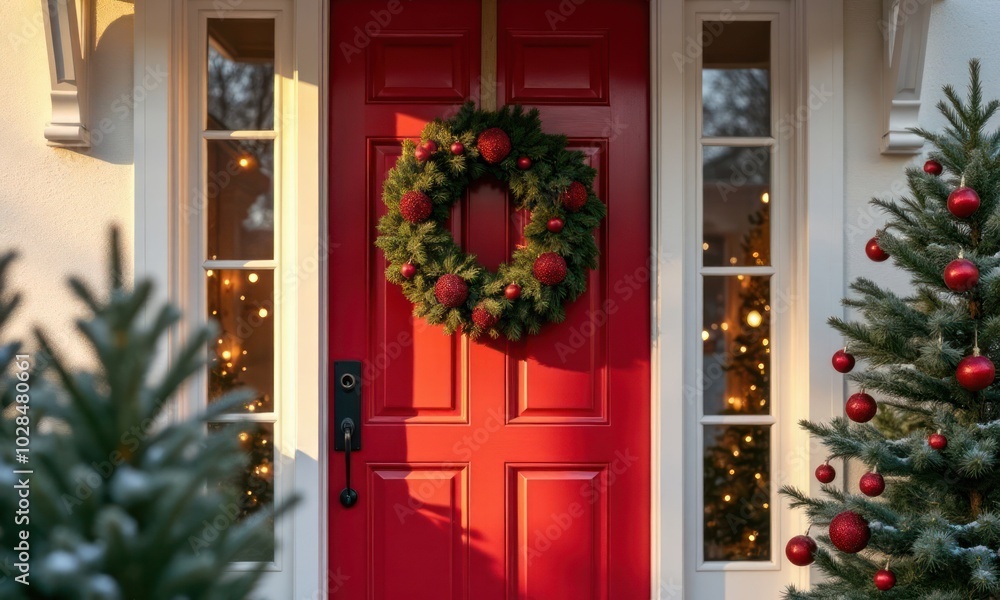Christmas wreath with balls, cones and garland on the front red door Christmas wreath with balls, cones and garland on the front red door