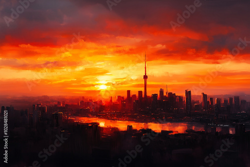 Golden Sunrise Over Modern City Skyline