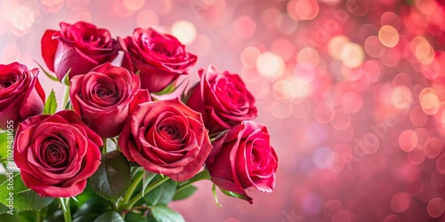 Bright red roses in a green vase with a soft light background. Banner, background for Valentine's Day, love, celebration