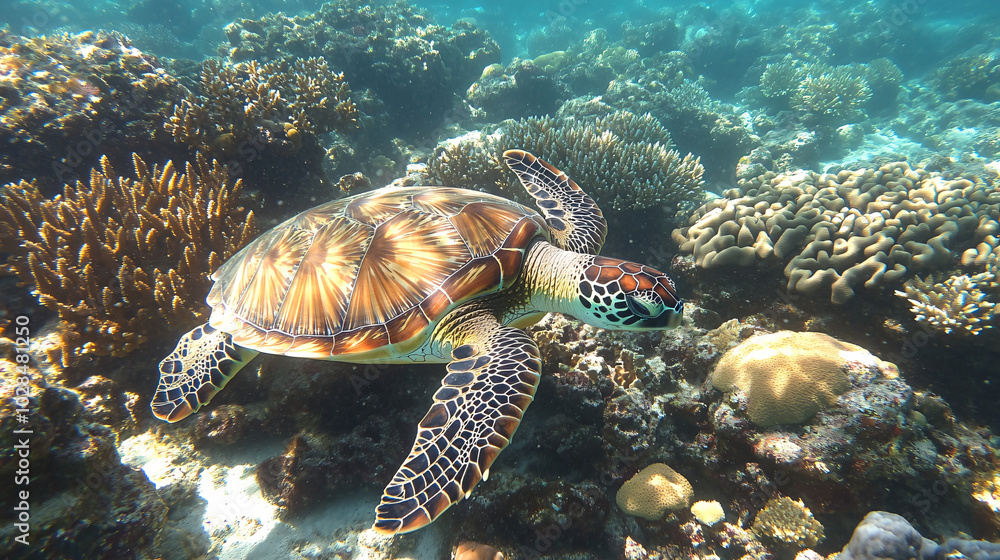 Obraz premium A beautiful green turtle swimming among coral reefs