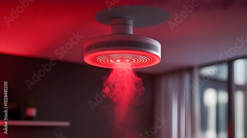 A ceiling-mounted device emitting red smoke in a room photo