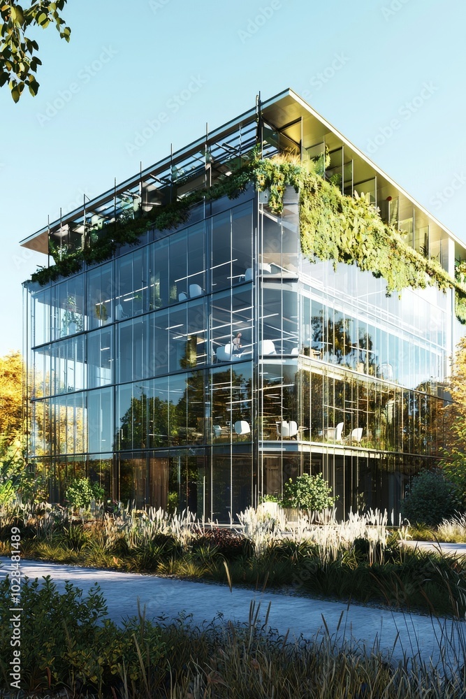 Obraz premium Modern glass building with greenery, showcasing sustainable architecture and a bright, inviting atmosphere.