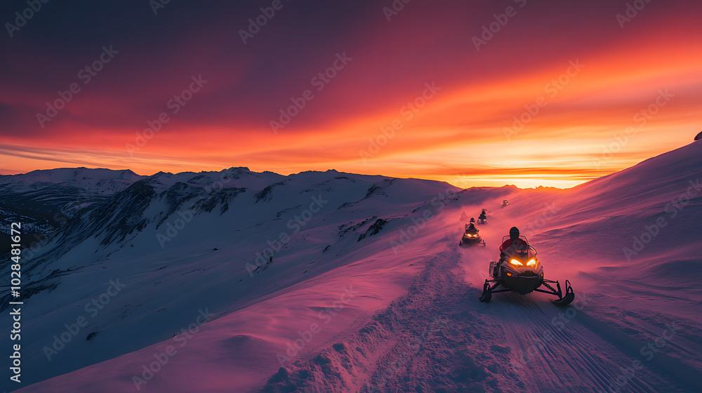 A snowmobile convoy climbing a steep mountain slope at dawn with the sky turning a brilliant orange and pink. A snowmobile convoy climbing a steep mountain slope at dawn with the sky turning a brilliant orange and pink.