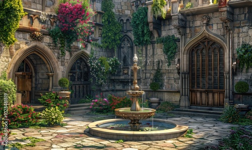 Castle courtyard with a fountain and flowering gardens, 4K hyperrealistic photo