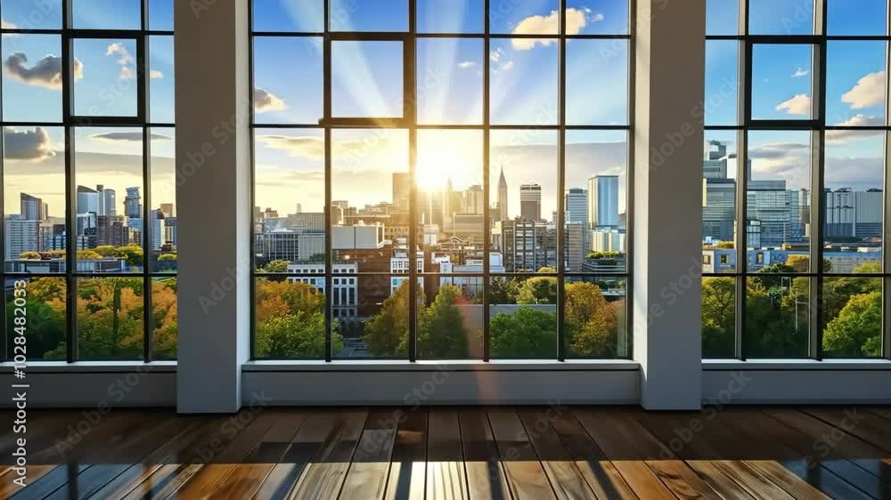 An airy, contemporary apartment with parquet flooring, offering a panoramic cityscape view. An airy, contemporary apartment with parquet flooring, offering a panoramic cityscape view.