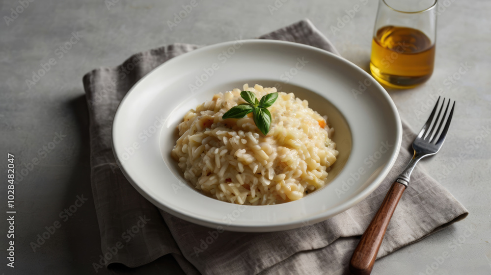 Close-up of Italian creamy Risotto dish with blank space for creative food presentation Close-up of Italian creamy Risotto dish with blank space for creative food presentation