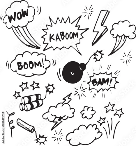 Comic explosions and bombs set. Speech bubbles with the words bom, boom, pow. Vector doodle illustration