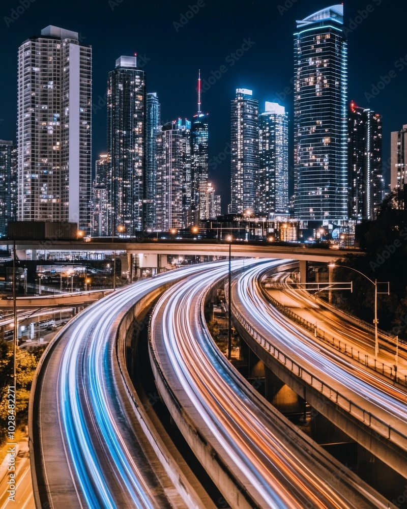 Fototapeta premium A vibrant cityscape featuring illuminated skyscrapers and dynamic light trails of passing cars at night.